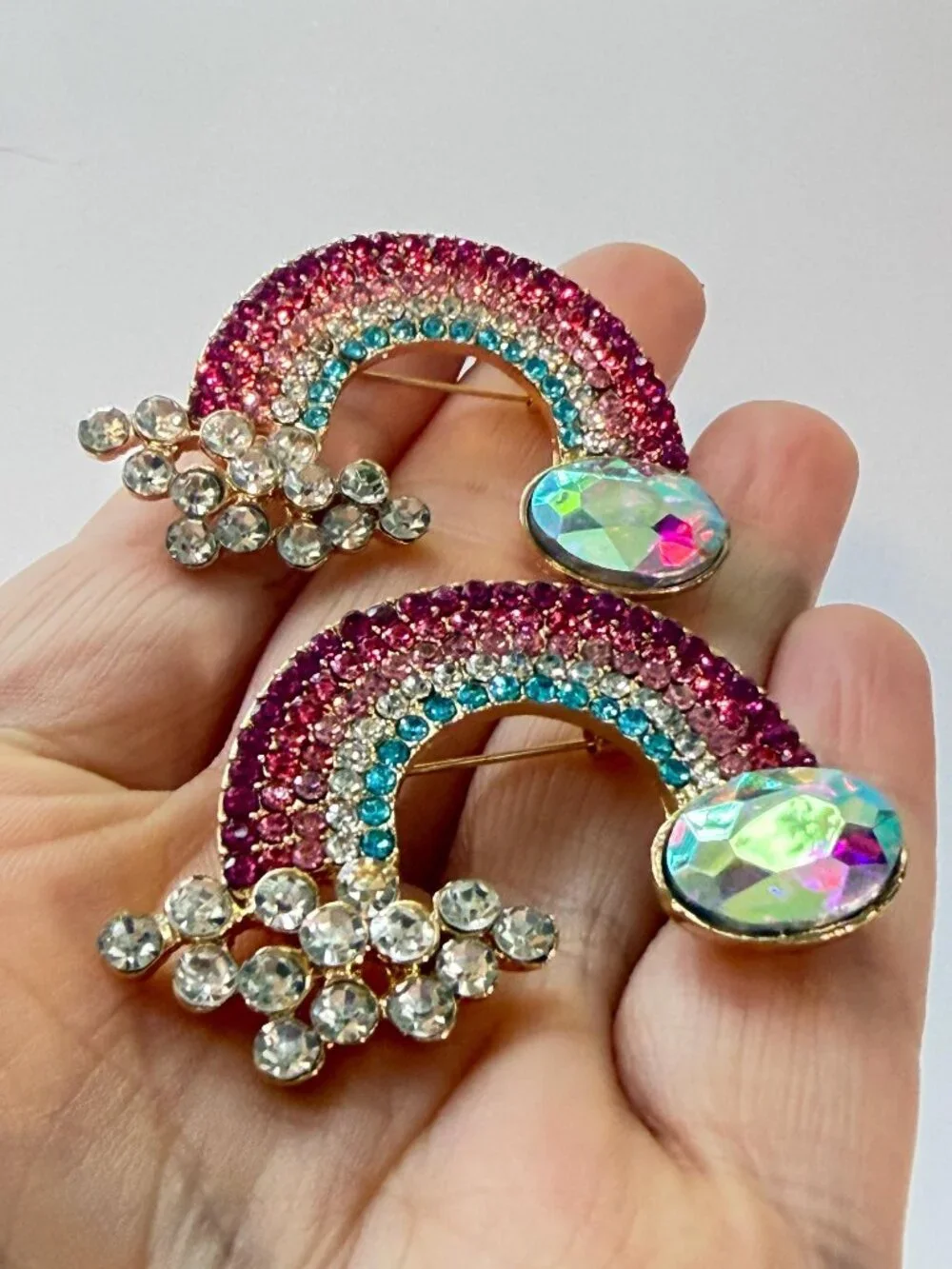 Rainbow Rhinestone Cloud Brooch Set Colorful Crystal Pins Pair
